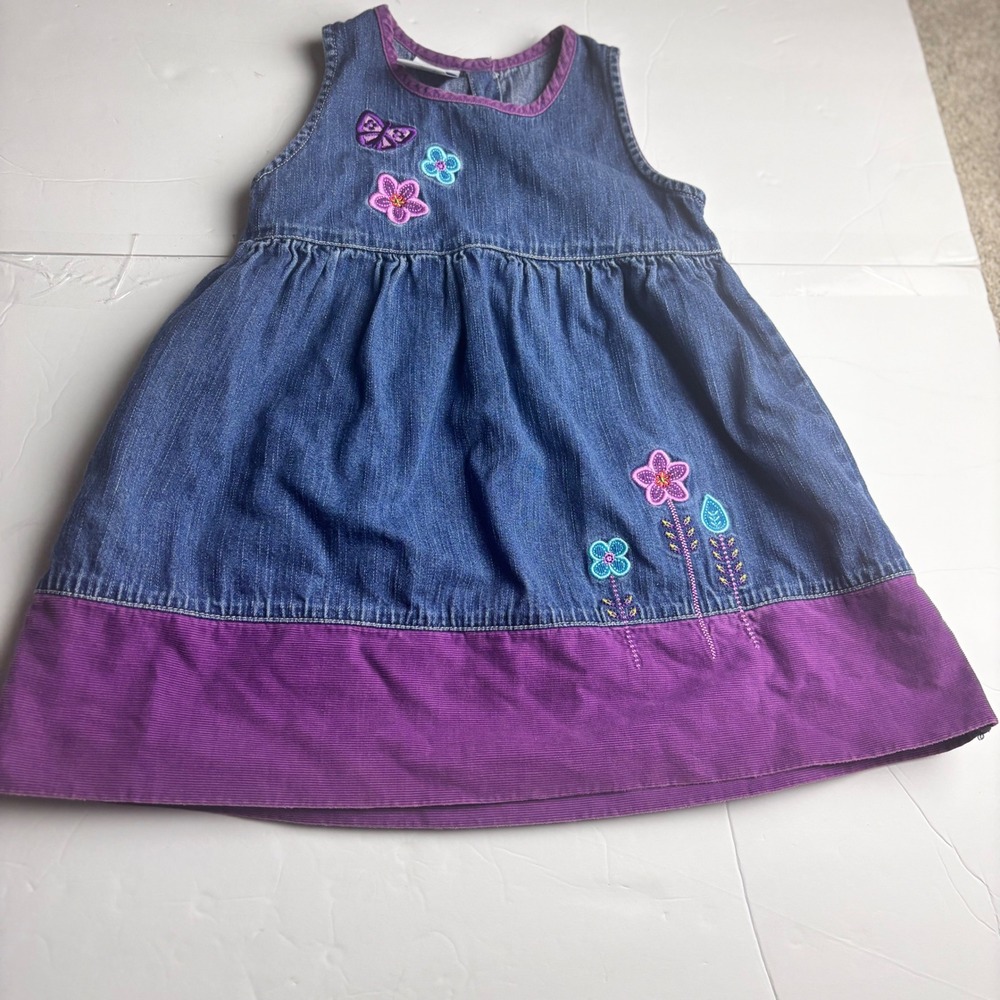 VINTAGE OshKosh Bgosh‎ 3T Denim Purple Corduroy Floral Embroidered Jumper Dress